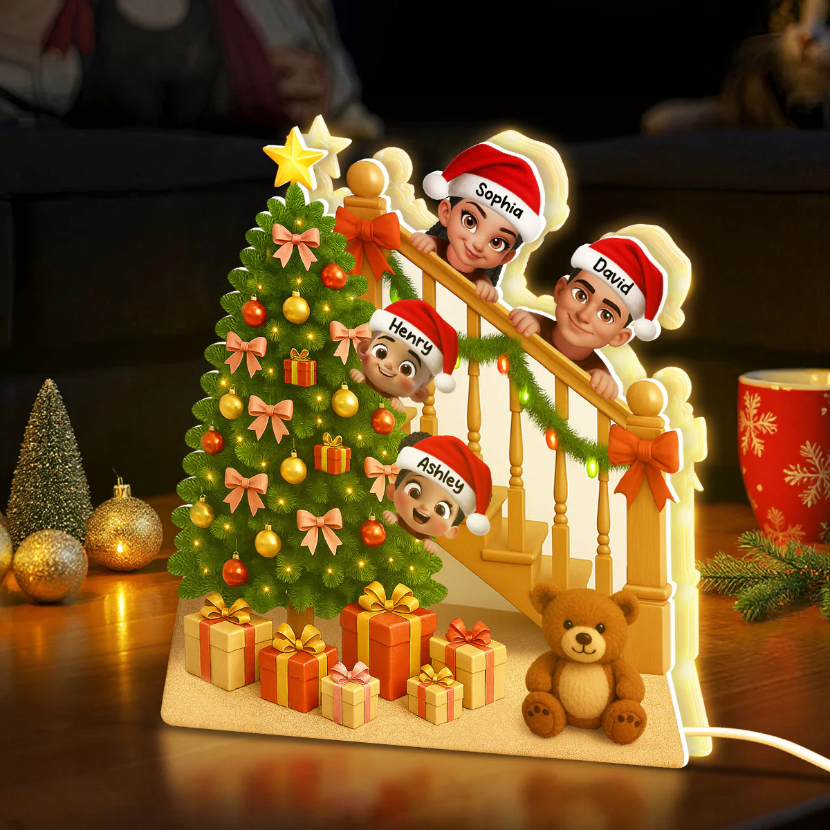 Peeking Family Christmas Tree And Stair Personalized LED Light Box - Image 4
