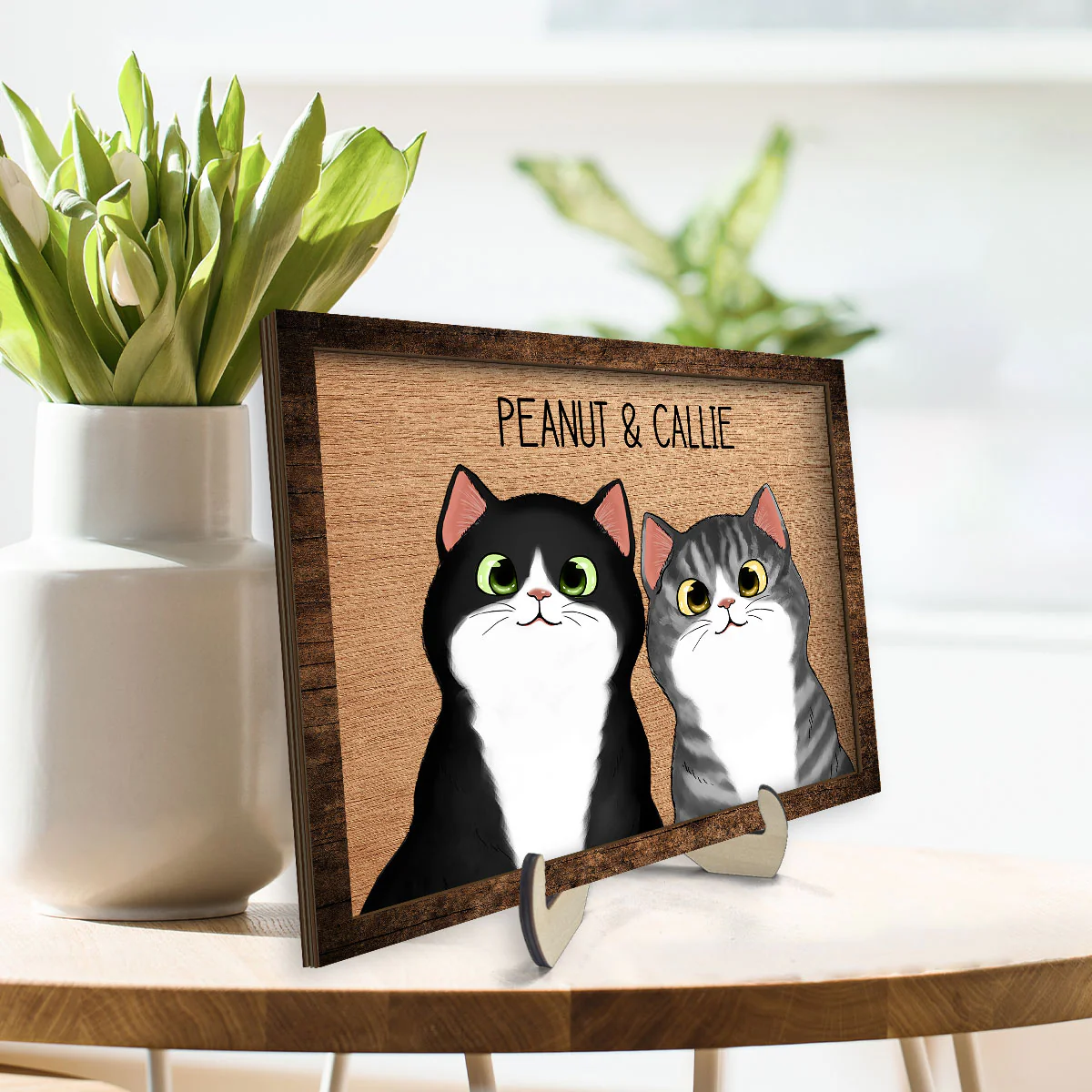 Peeking Fluffy Cats Personalized 2-Layer Wooden Plaque - Image 3