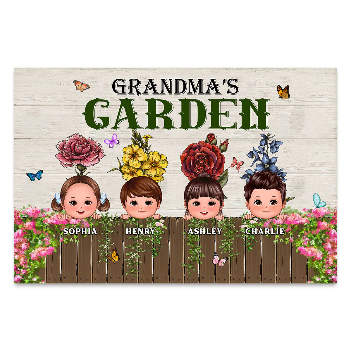 Peeking Kids Grandma‘s Garden Personalized Horizontal Poster - Image 2