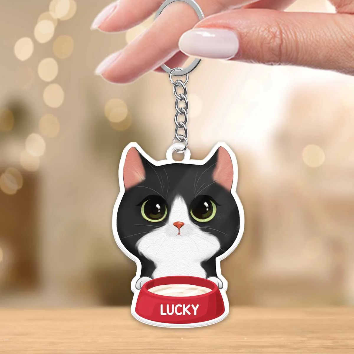 Peeking Watercolor Cute Cats With Bowl Personalized Acrylic Keychain - Image 2