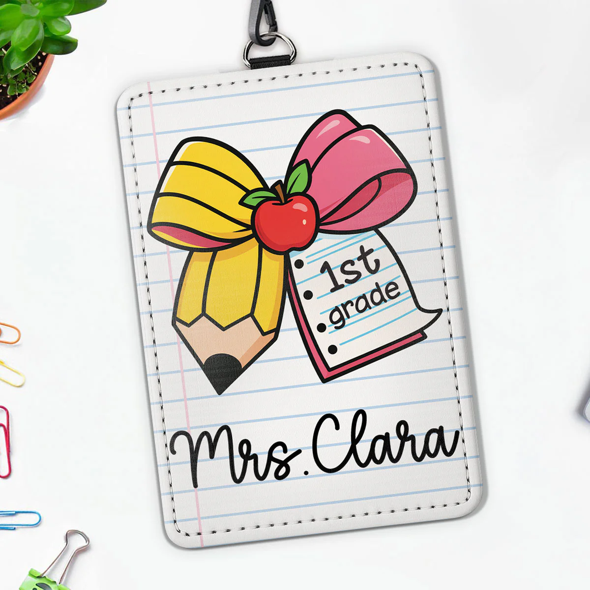 Pencil Coquette Bow Teacher Name Personalized ID Badge Holder, Back To School Gift