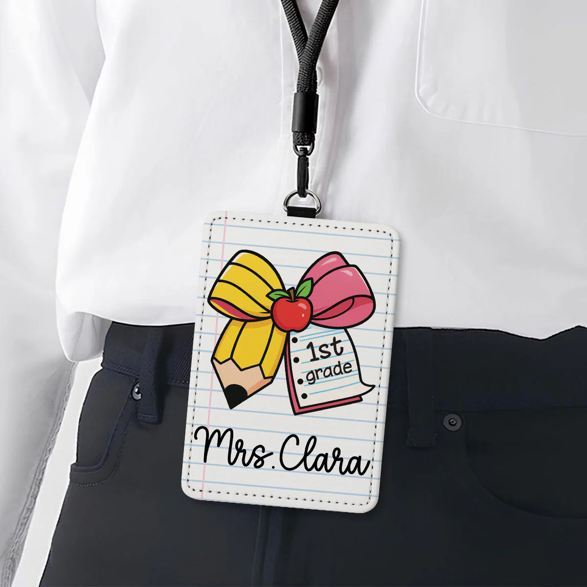 Pencil Coquette Bow Teacher Name Personalized ID Badge Holder, Back To School Gift - Image 2