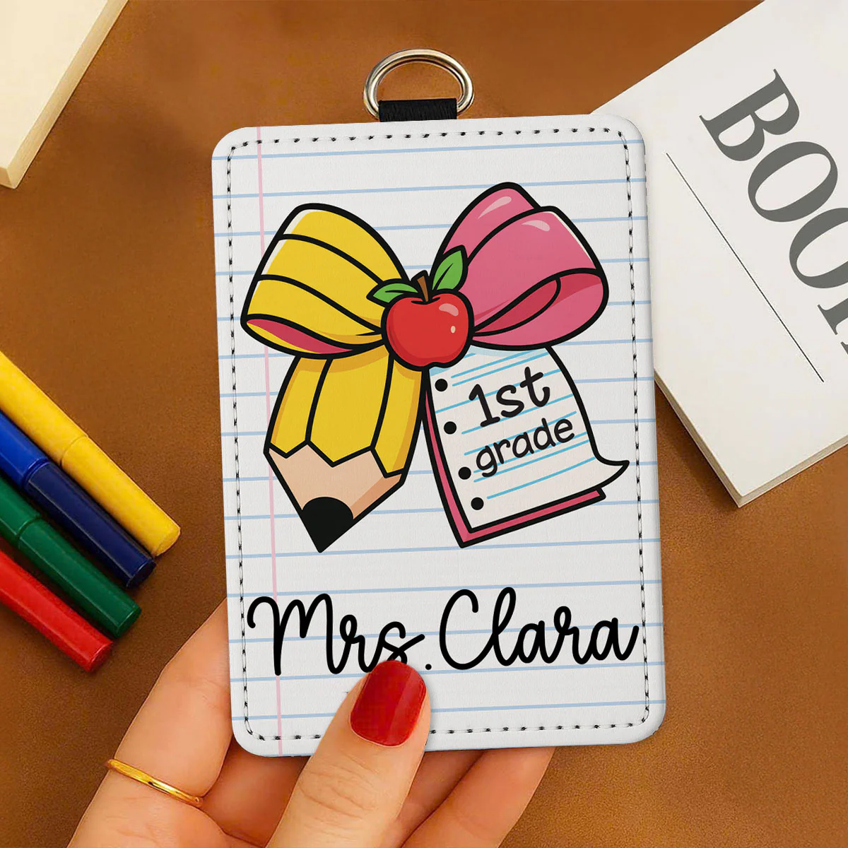 Pencil Coquette Bow Teacher Name Personalized ID Badge Holder, Back To School Gift - Image 3