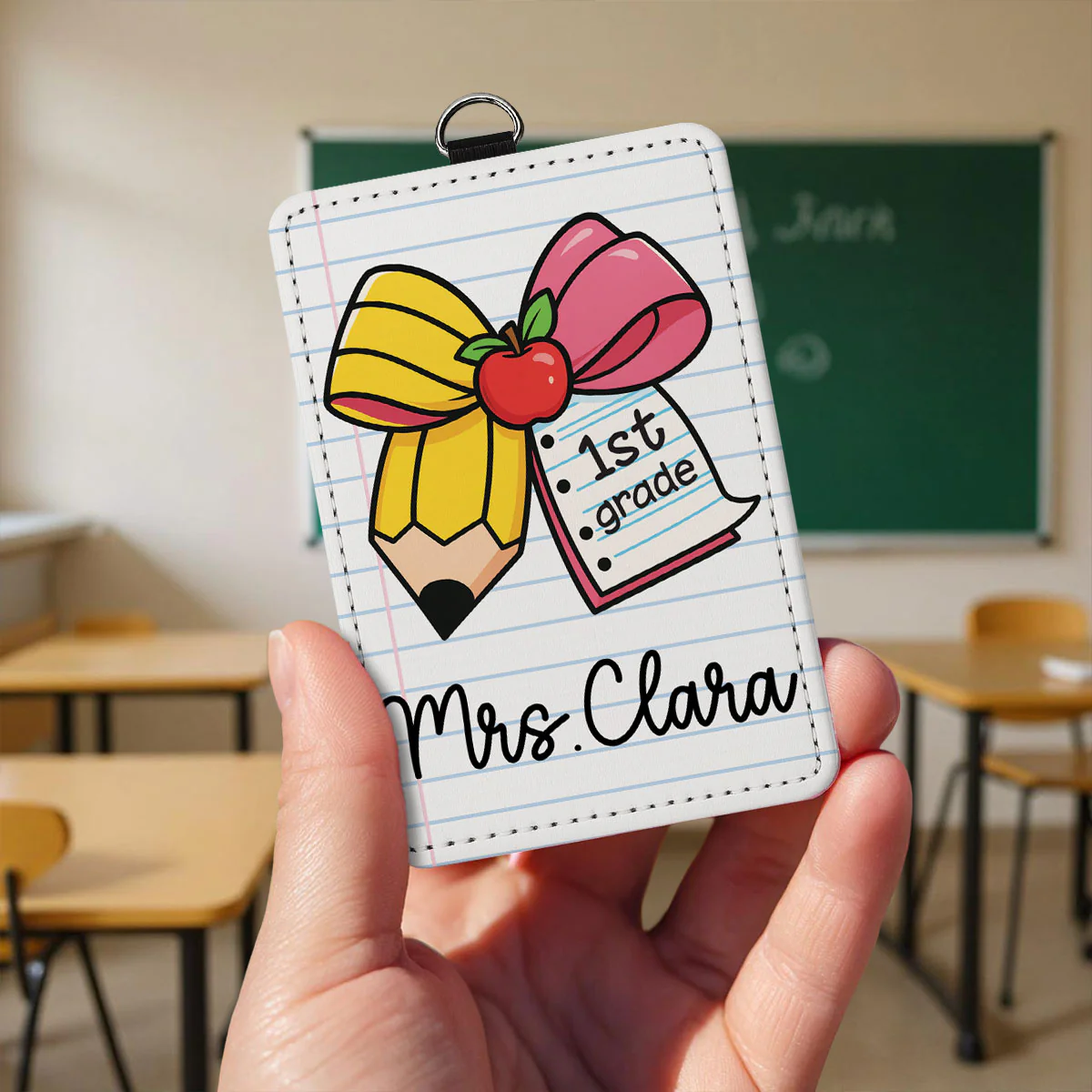 Pencil Coquette Bow Teacher Name Personalized ID Badge Holder, Back To School Gift - Image 6