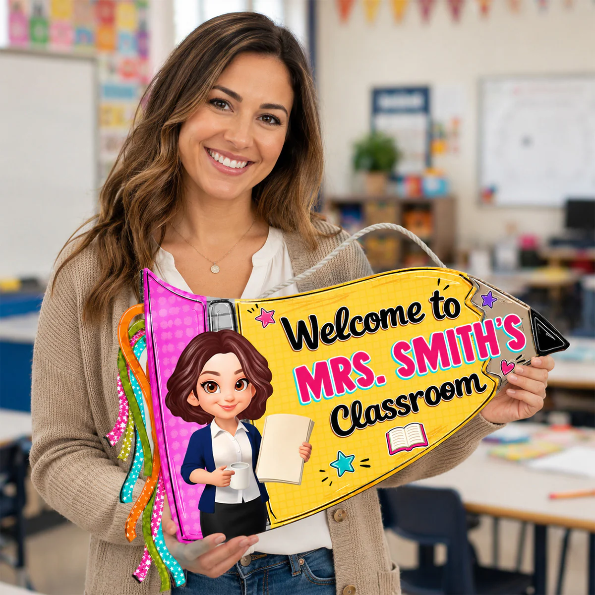 Pencil Pennant Flag Welcome To Teacher Classroom - Personalized Door Hanger - Image 4