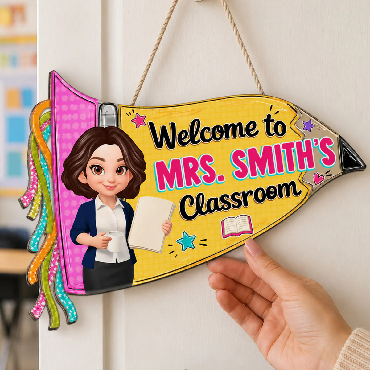Pencil Pennant Flag Welcome To Teacher Classroom - Personalized Door Hanger - Image 5