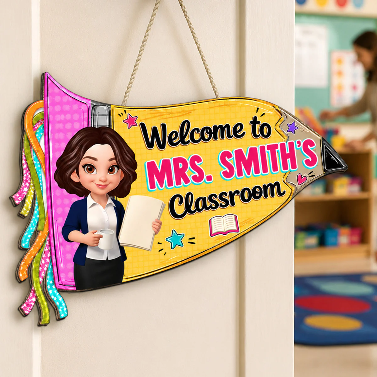 Pencil Pennant Flag Welcome To Teacher Classroom - Personalized Door Hanger - Image 6