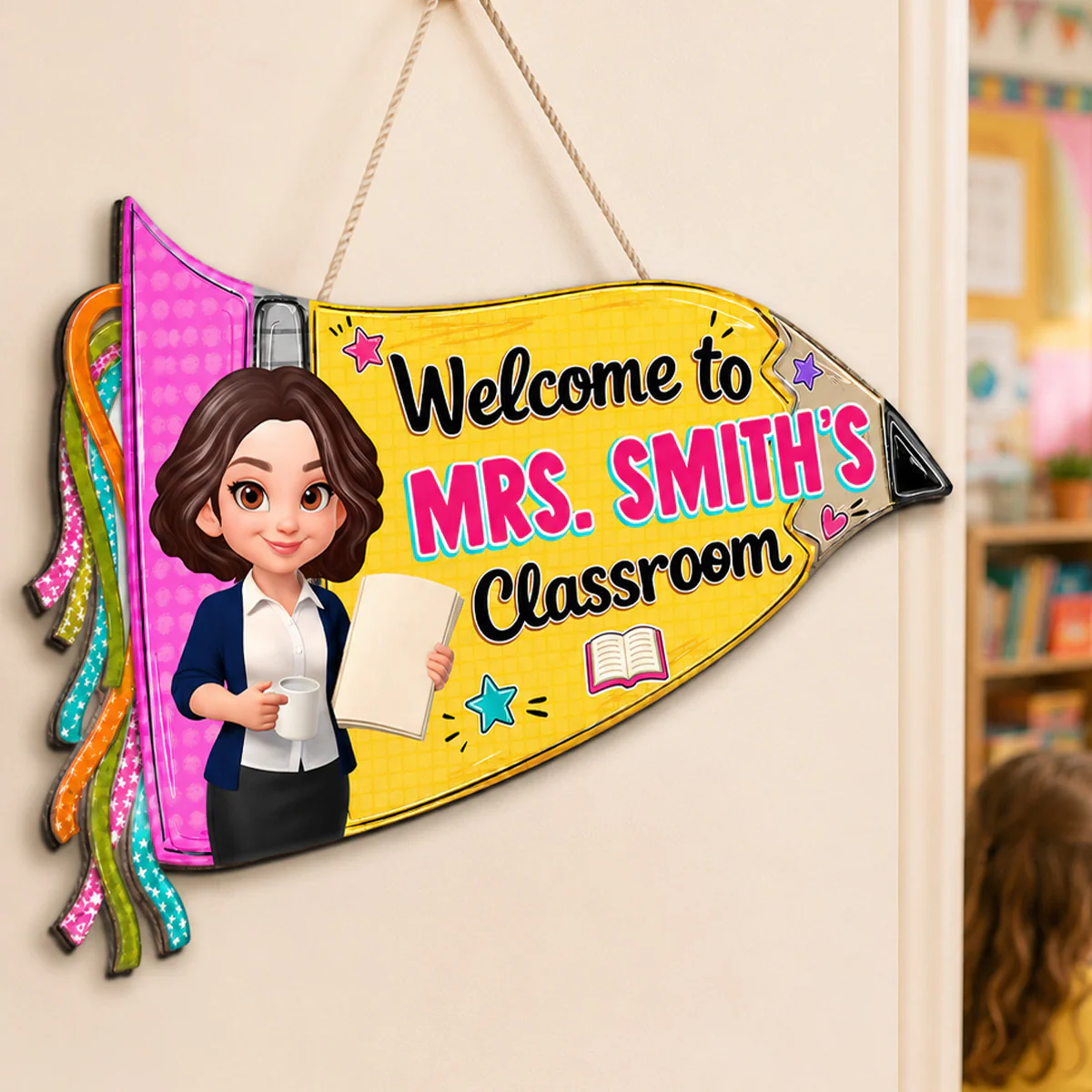 Pencil Pennant Flag Welcome To Teacher Classroom - Personalized Door Hanger - Image 7