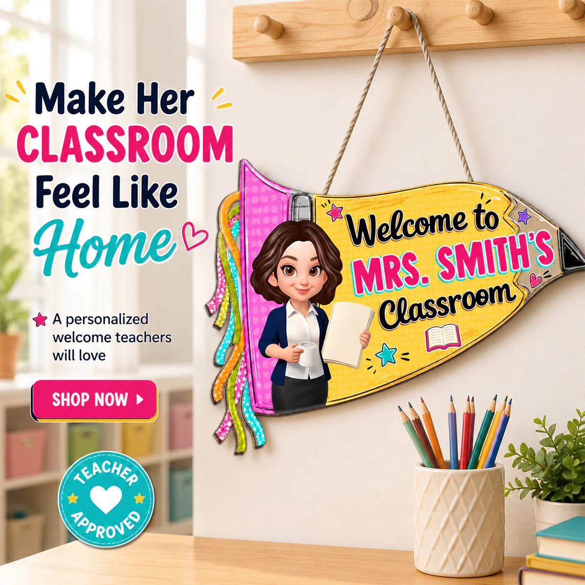 Pencil Pennant Flag Welcome To Teacher Classroom - Personalized Door Hanger - Image 8
