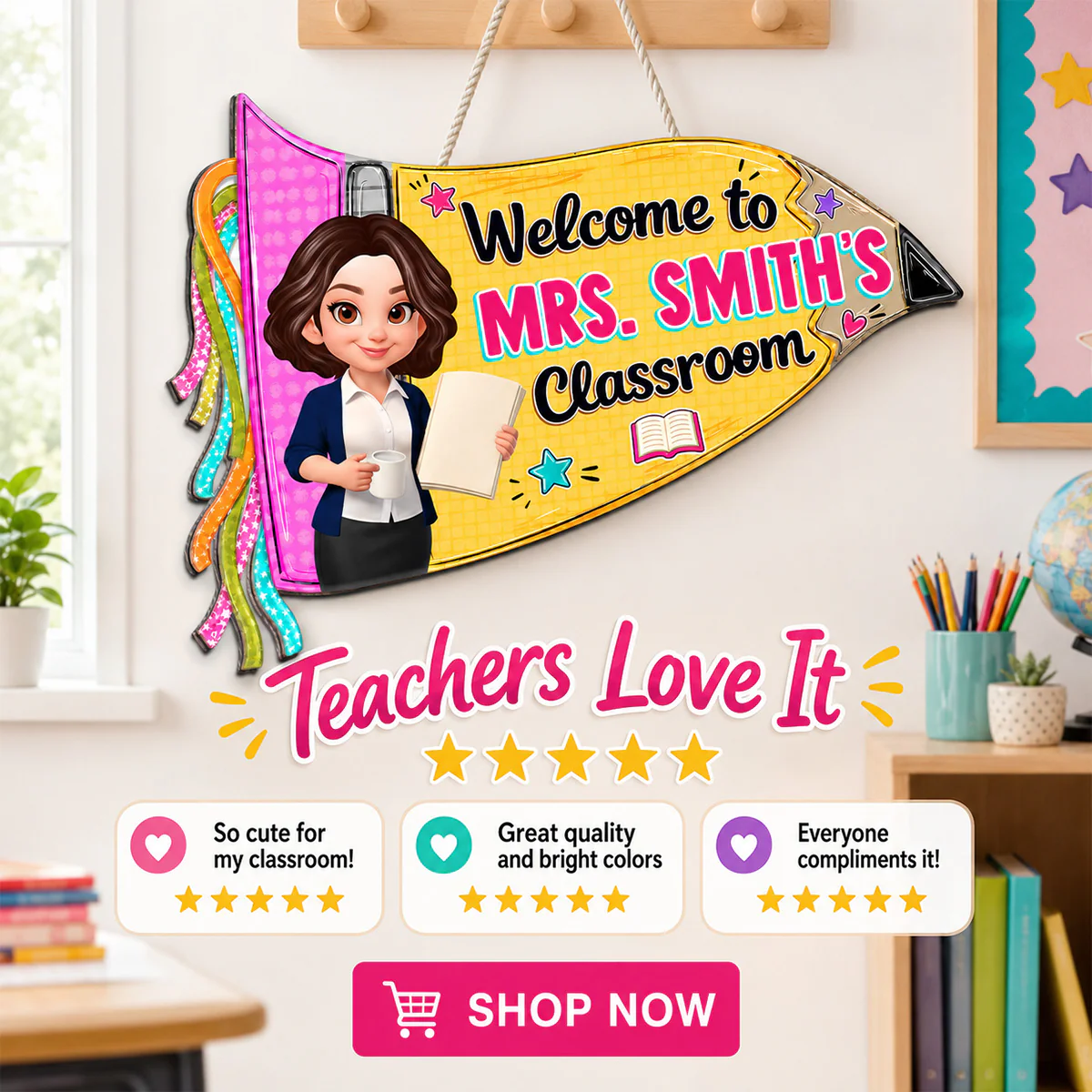 Pencil Pennant Flag Welcome To Teacher Classroom - Personalized Door Hanger - Image 9