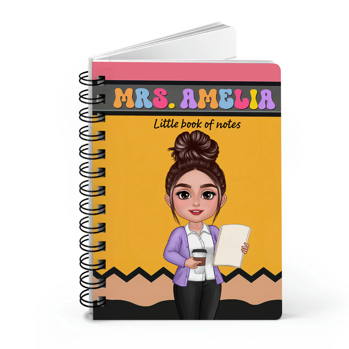 Pencil Themed Teacher With Name Personalized Spiral Notebook Journal, Back To School Stationery - Image 2