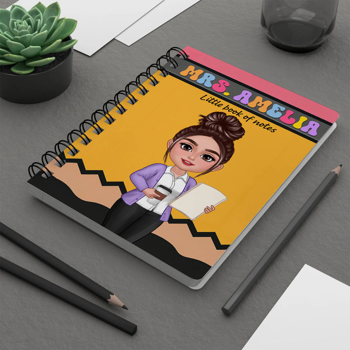 Pencil Themed Teacher With Name Personalized Spiral Notebook Journal, Back To School Stationery - Image 3