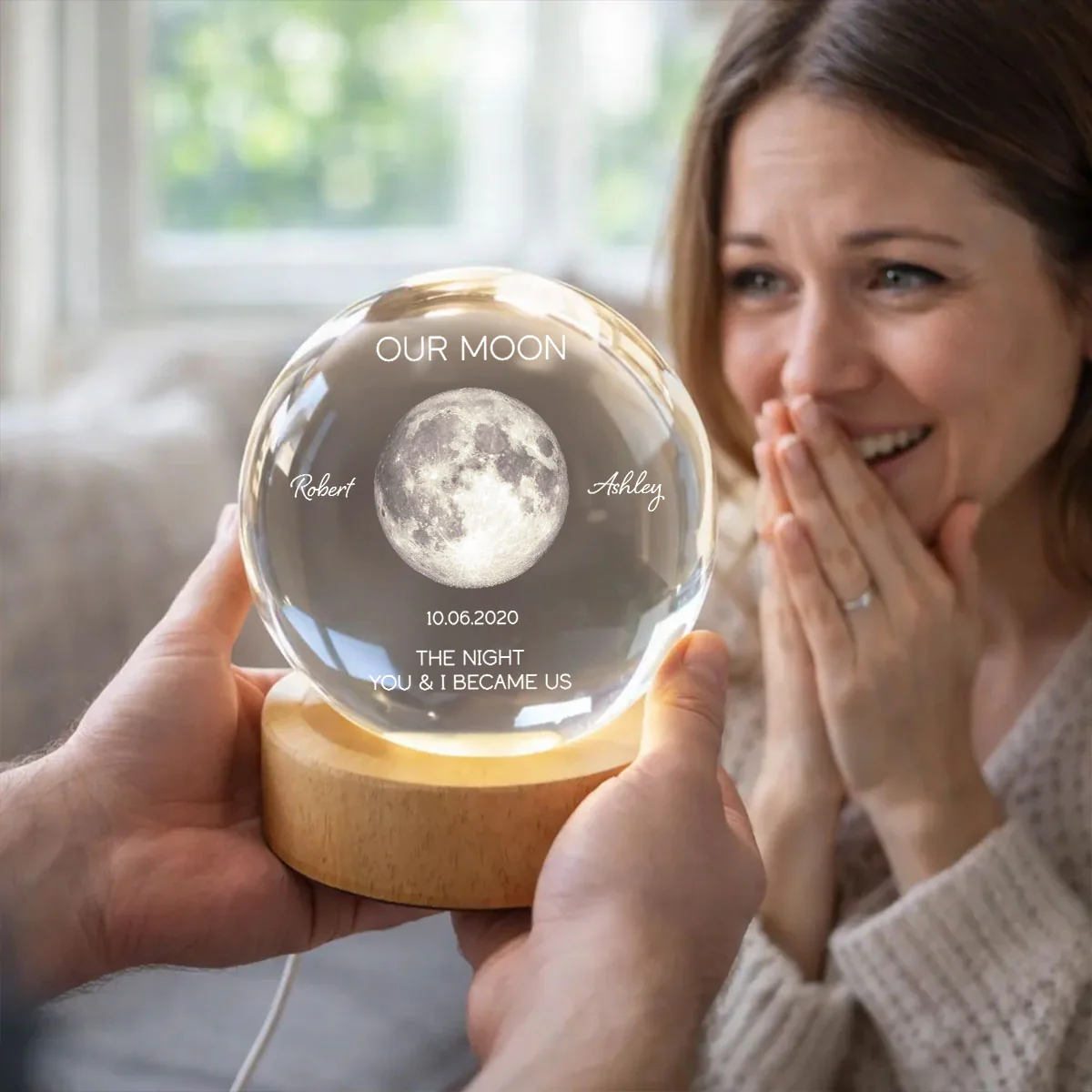 Personalized Moon Phase Crystal Ball Night Light - Custom Date Gift for Mom & Her - Unique Anniversary or Birthday Keepsake - Image 2
