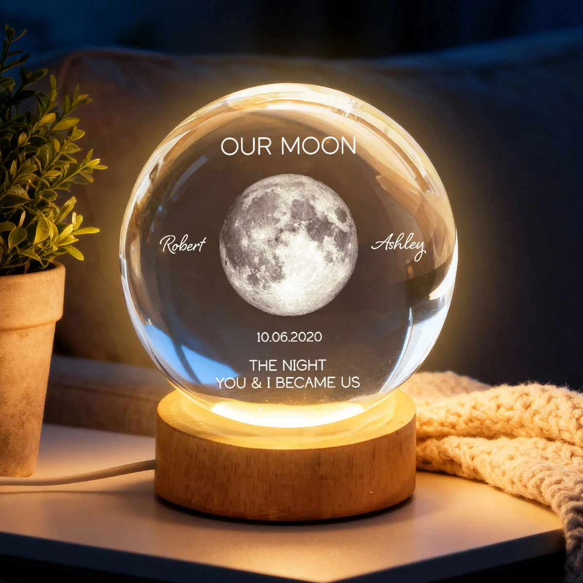 Personalized Moon Phase Crystal Ball Night Light - Custom Date Gift for Mom & Her - Unique Anniversary or Birthday Keepsake - Image 3