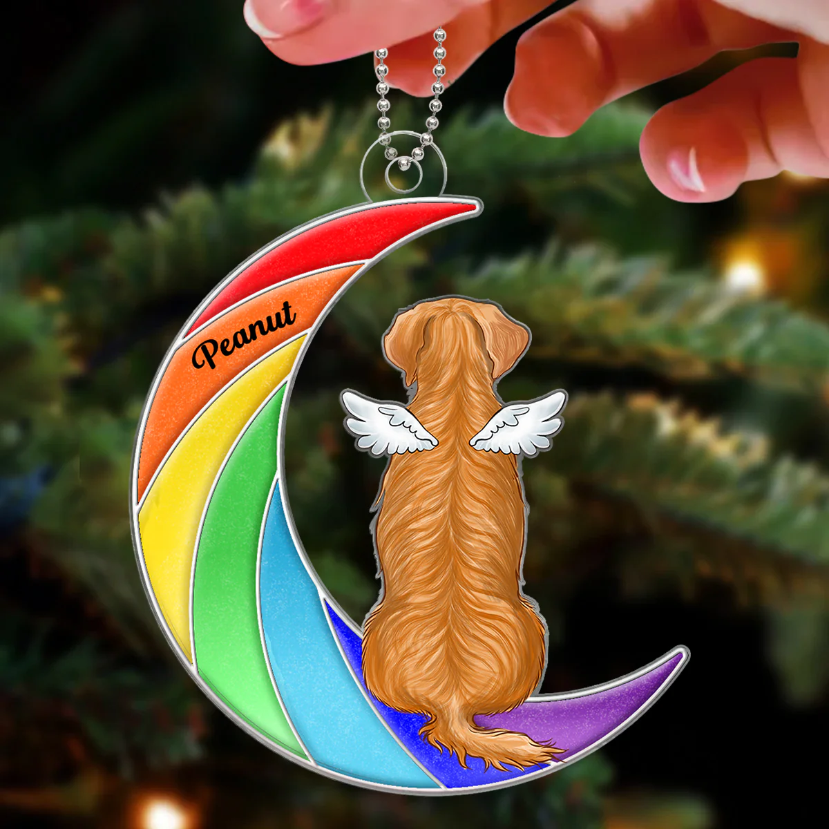 Pet Memorial Remembrance Keepsake Dog Cat Sitting On Rainbow Moon Personalized Acrylic Ornament - Image 3