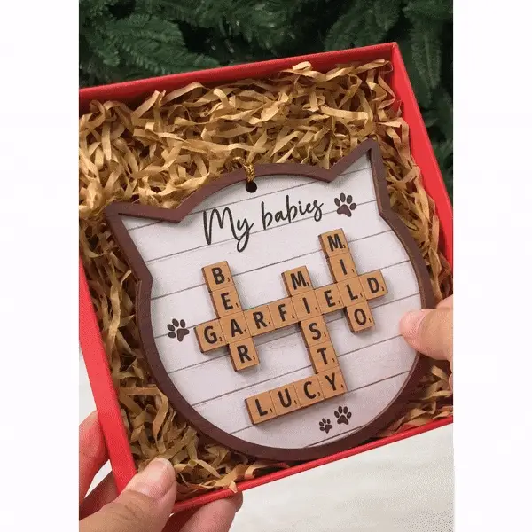 Cat Lover Gift Crossword Puzzle Art Personalized 2-Layer Wooden Ornament [Can add up to 20 cat names] - Image 2