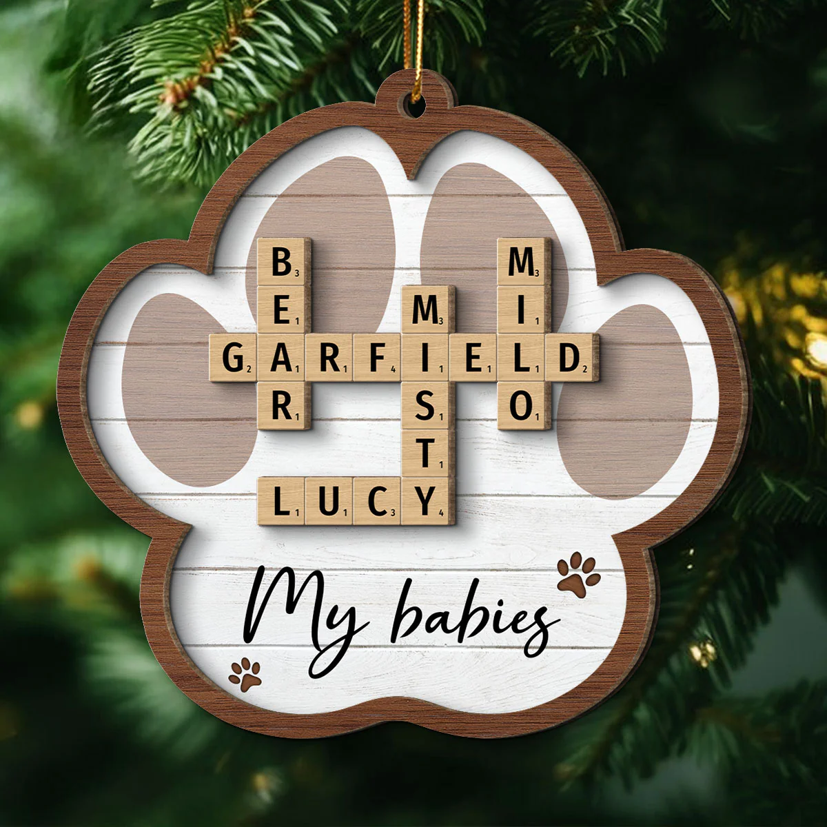 Pet Names Crossword Puzzle Art Personalized Paw Shaped 2-Layer Wooden Ornament [Can add up to 20 pet names] - Image 3