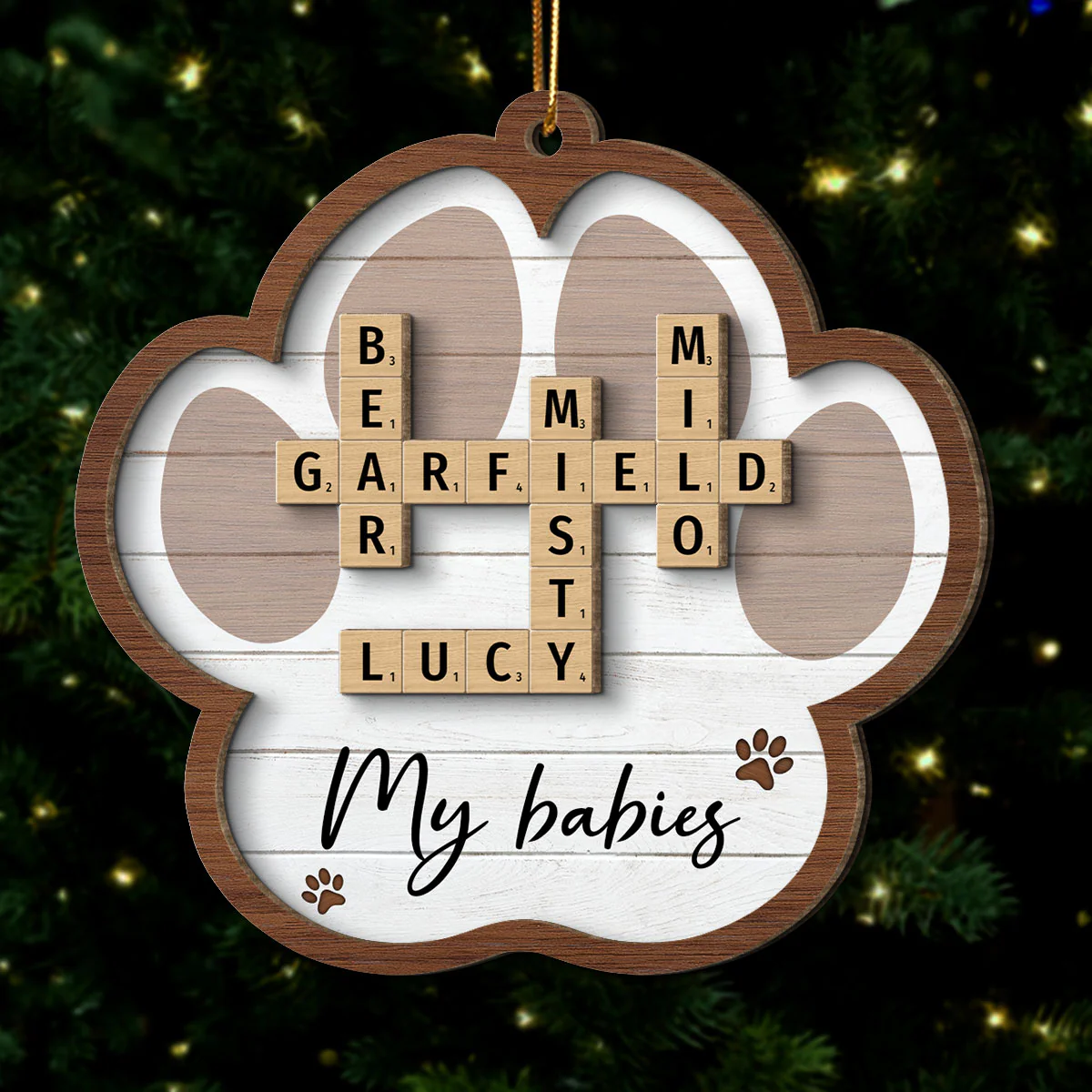 Pet Names Crossword Puzzle Art Personalized Paw Shaped 2-Layer Wooden Ornament [Can add up to 20 pet names] - Image 4
