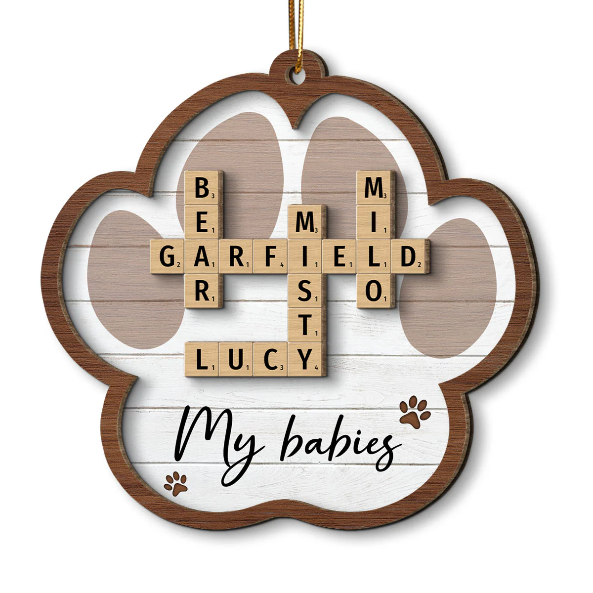 Pet Names Crossword Puzzle Art Personalized Paw Shaped 2-Layer Wooden Ornament [Can add up to 20 pet names] - Image 5