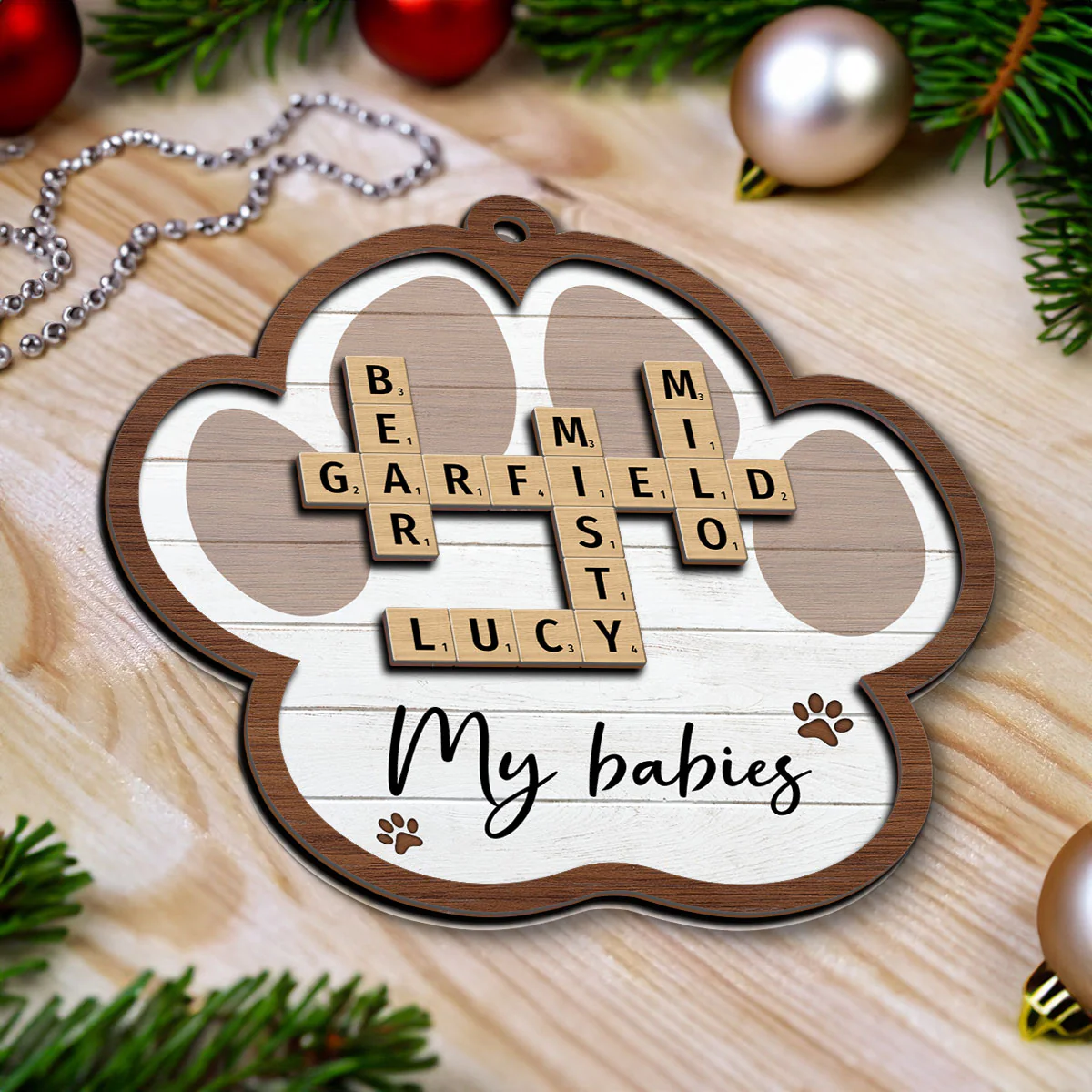 Pet Names Crossword Puzzle Art Personalized Paw Shaped 2-Layer Wooden Ornament [Can add up to 20 pet names] - Image 7