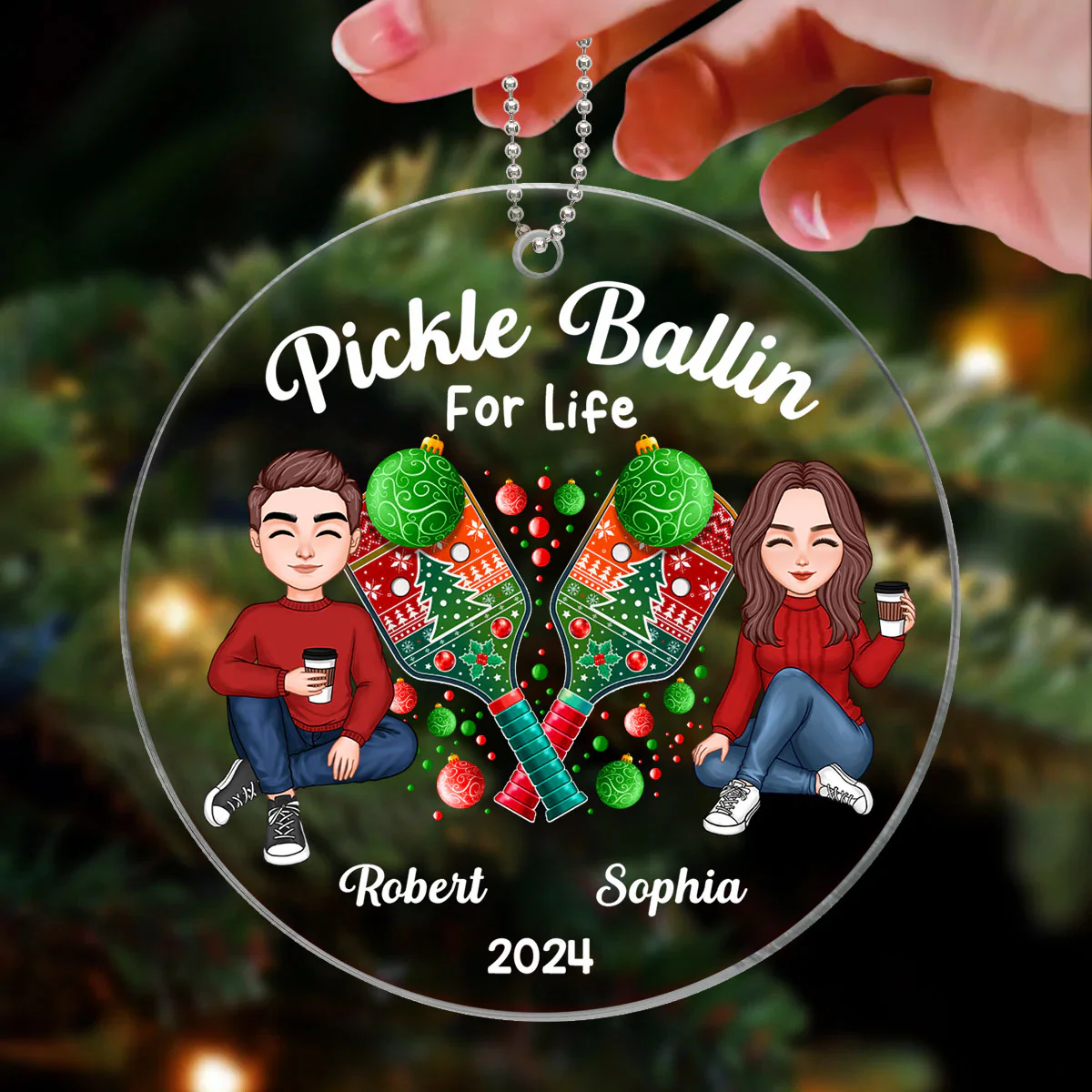 Pickle Ballin For Life Happy Christmas Couple Friends Personalized Acrylic Ornament - Image 3