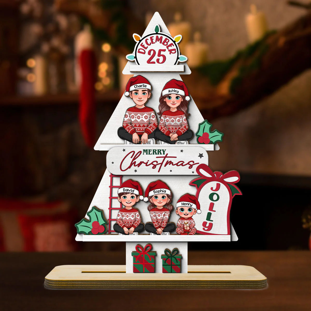 Pine Tree Christmas Family Sitting Personalized 2-Layer Standing Wooden Plaque