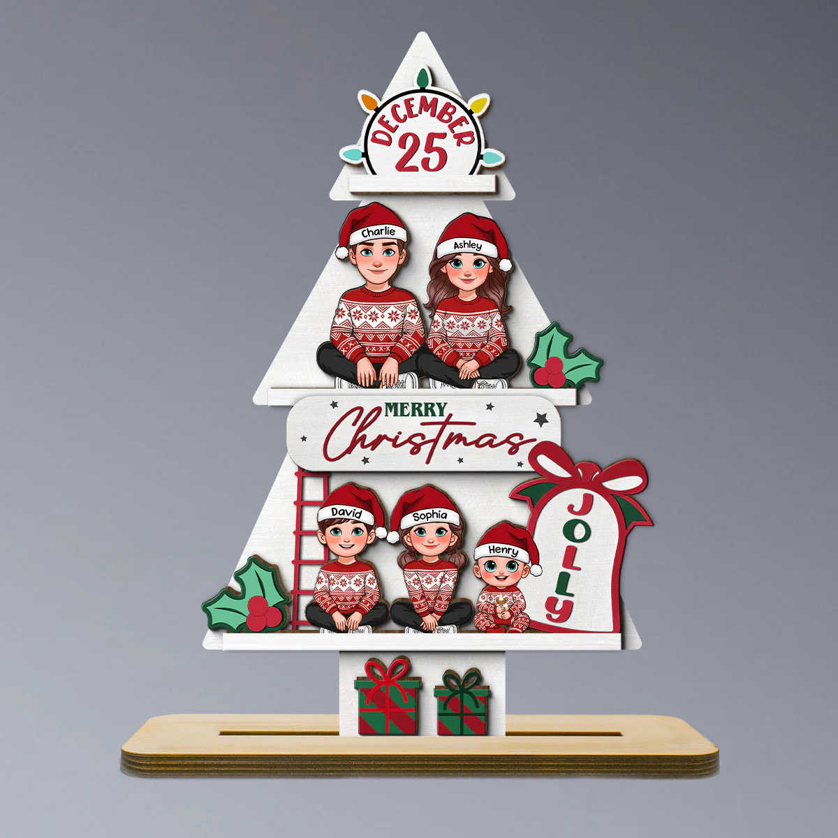 Pine Tree Christmas Family Sitting Personalized 2-Layer Standing Wooden Plaque - Image 2