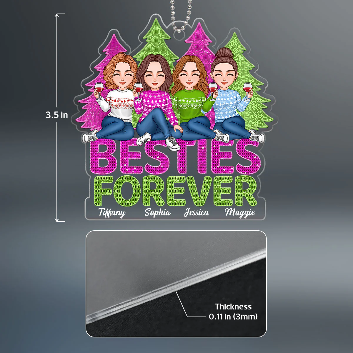 Pink And Green Sequins Texture Christmas Trees Besties Forever Personalized Acrylic Ornament - Image 4