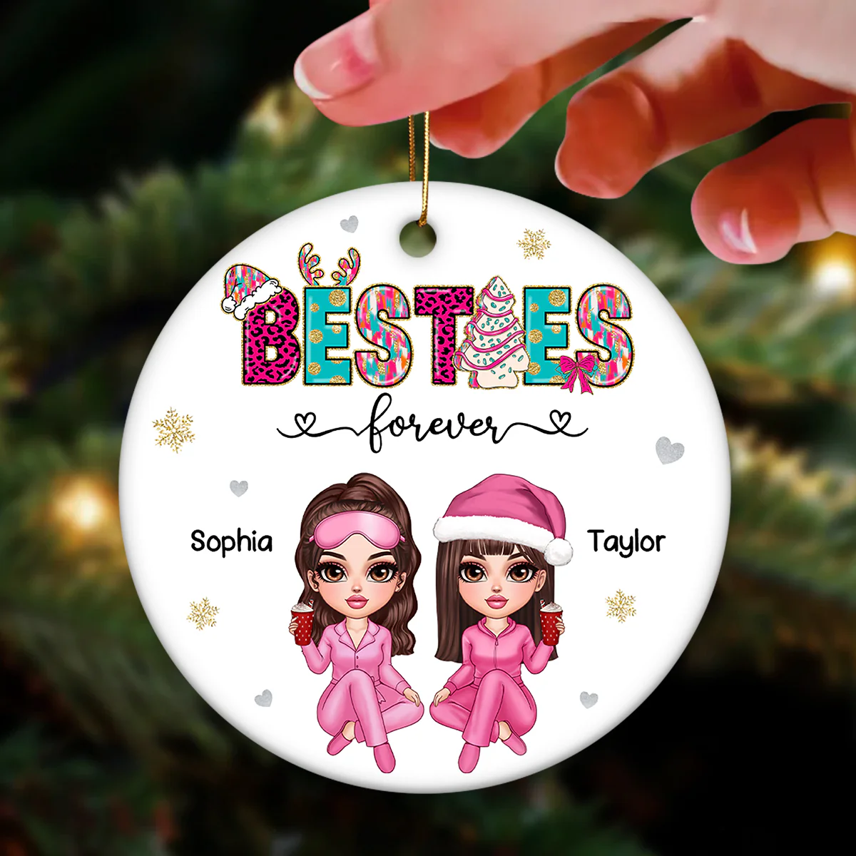 Pink And Teal Besties Forever Christmas Personalized Ceramic Ornament, Christmas Gift For Best Friends - Image 3