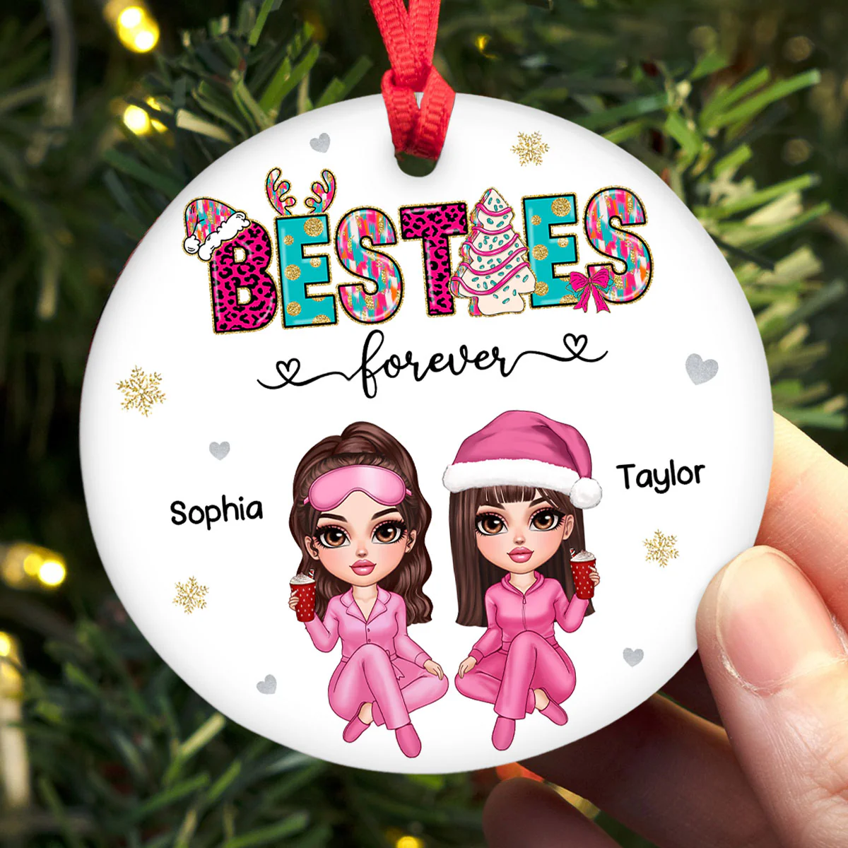 Pink And Teal Besties Forever Christmas Personalized Ceramic Ornament, Christmas Gift For Best Friends - Image 4