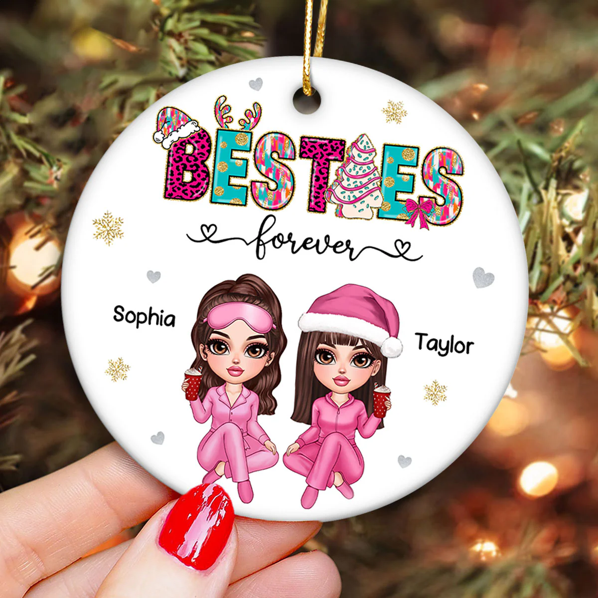 Pink And Teal Besties Forever Christmas Personalized Ceramic Ornament, Christmas Gift For Best Friends - Image 5