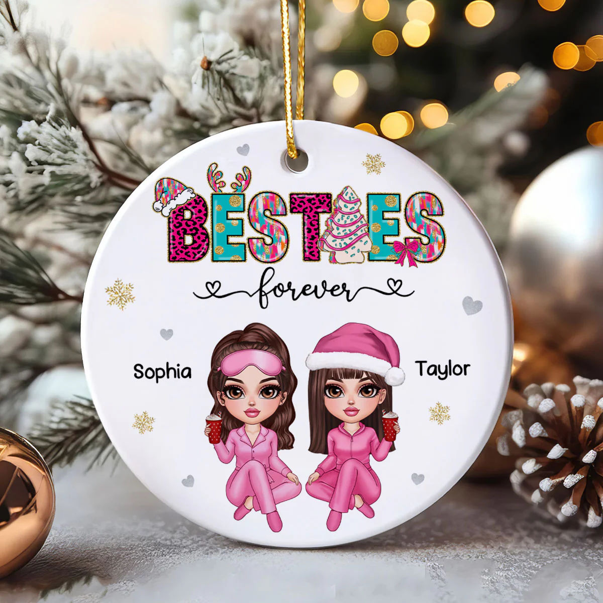 Pink And Teal Besties Forever Christmas Personalized Ceramic Ornament, Christmas Gift For Best Friends - Image 6