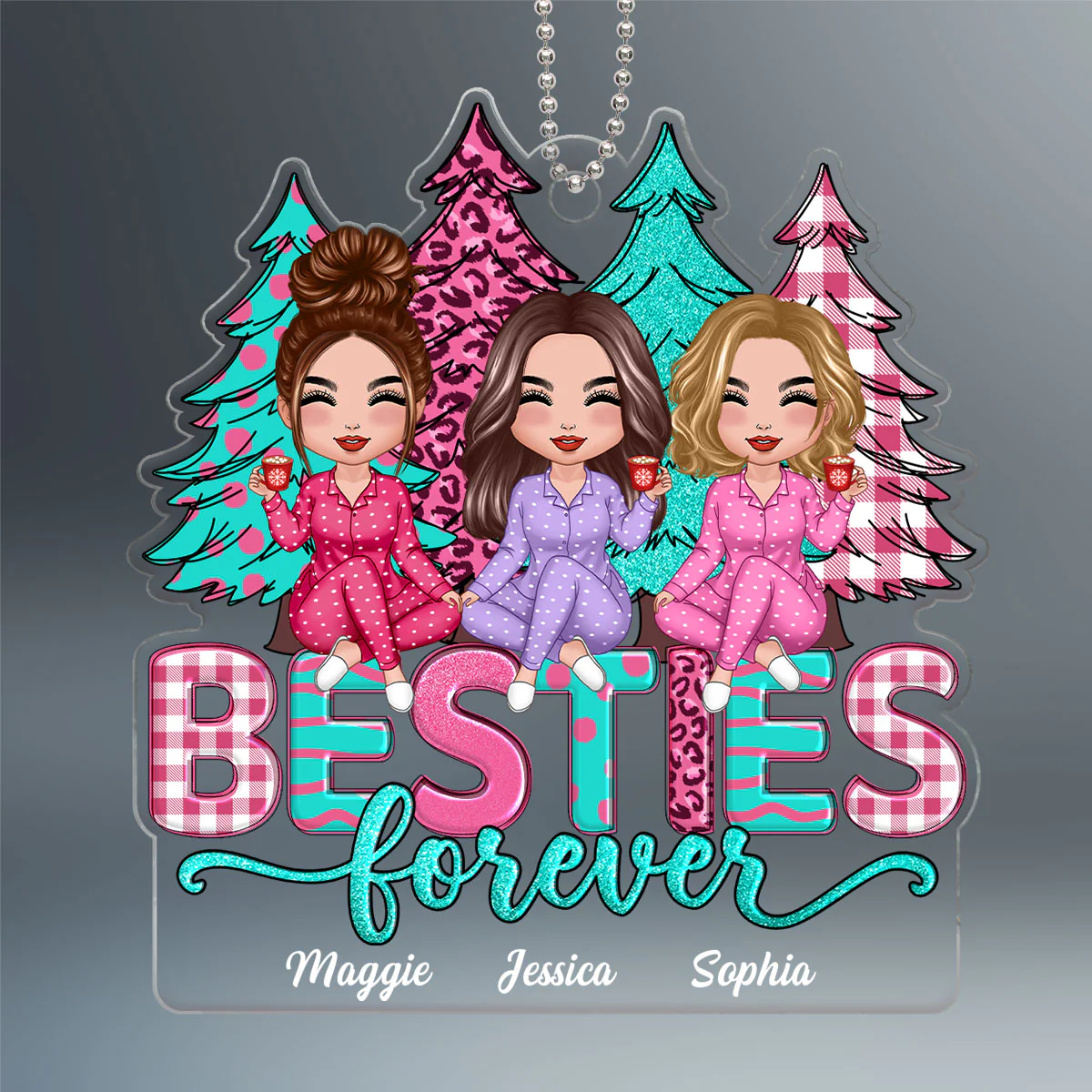Pink And Teal Christmas Trees Besties Sisters Forever Personalized Acrylic Ornament - Image 2