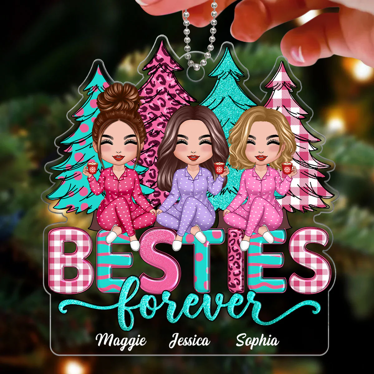 Pink And Teal Christmas Trees Besties Sisters Forever Personalized Acrylic Ornament - Image 3