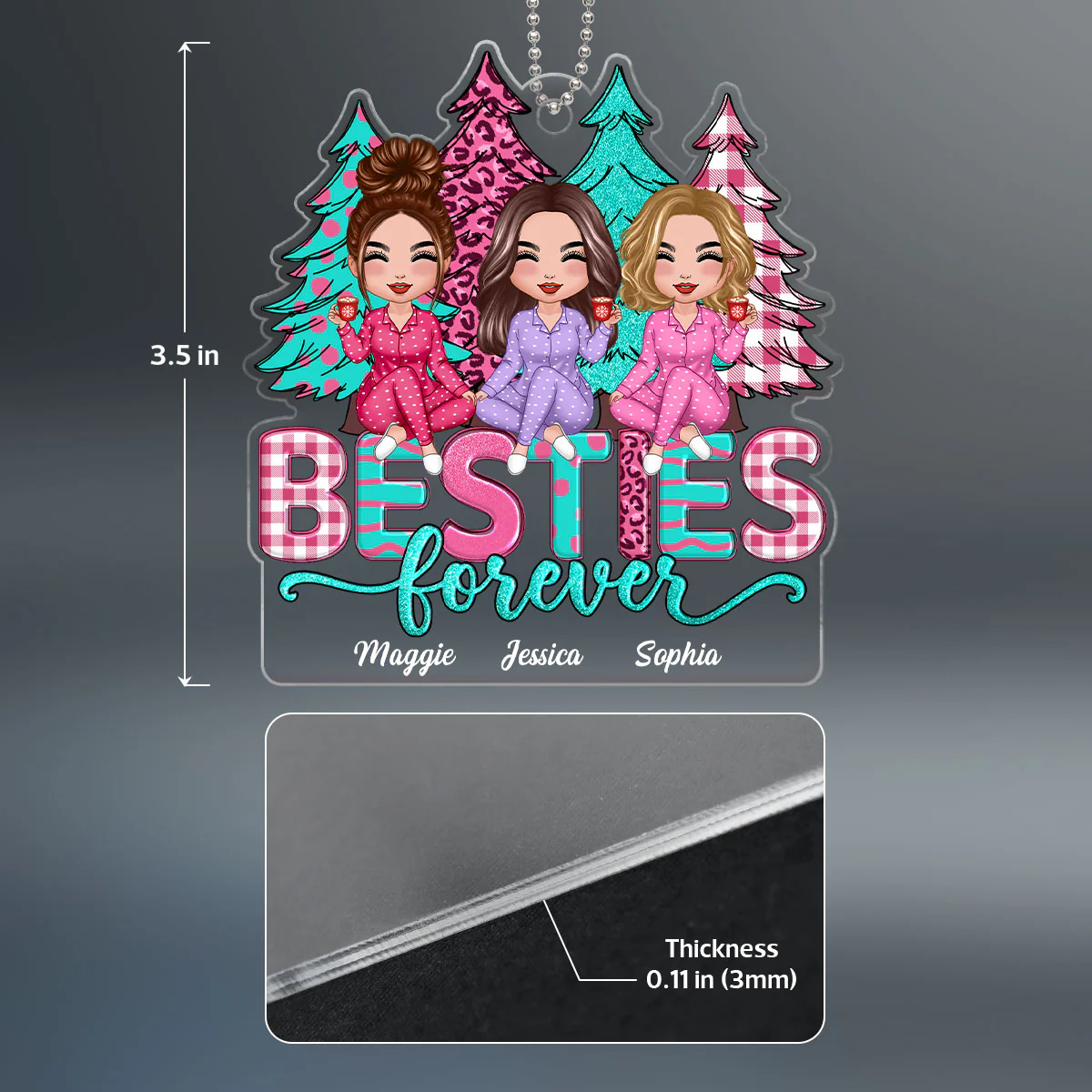 Pink And Teal Christmas Trees Besties Sisters Forever Personalized Acrylic Ornament - Image 4