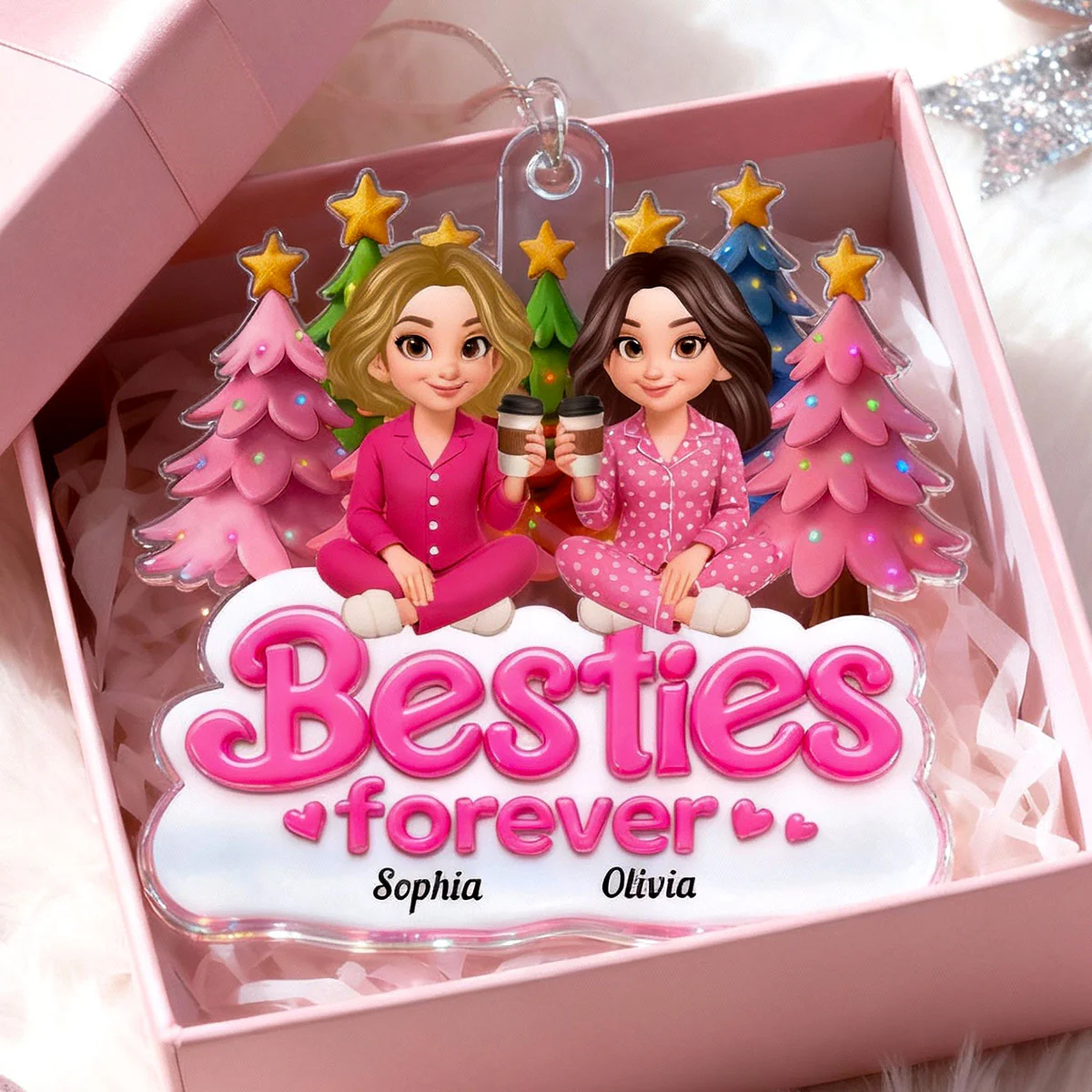 Pink Besties Forever Christmas - Personalized Acrylic Ornament - Image 2