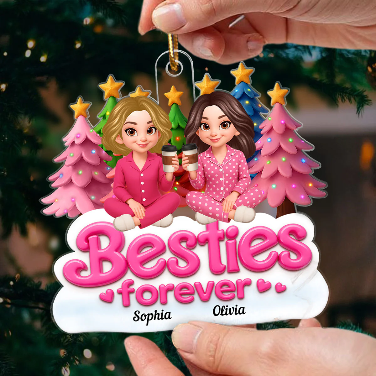 Pink Besties Forever Christmas - Personalized Acrylic Ornament - Image 3