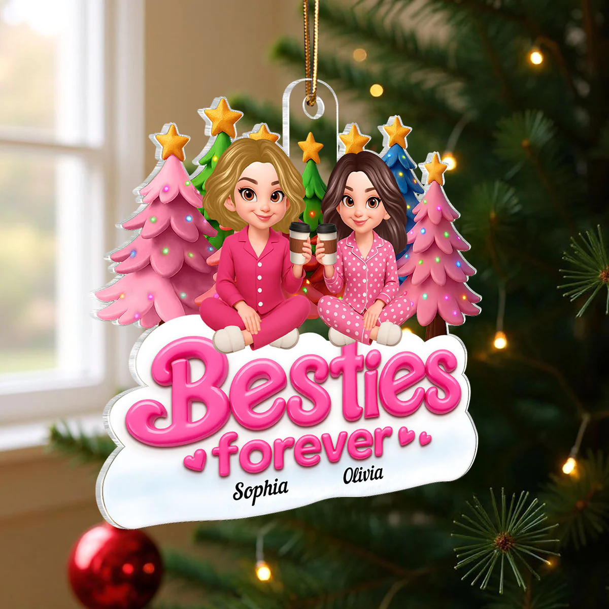 Pink Besties Forever Christmas - Personalized Acrylic Ornament - Image 4