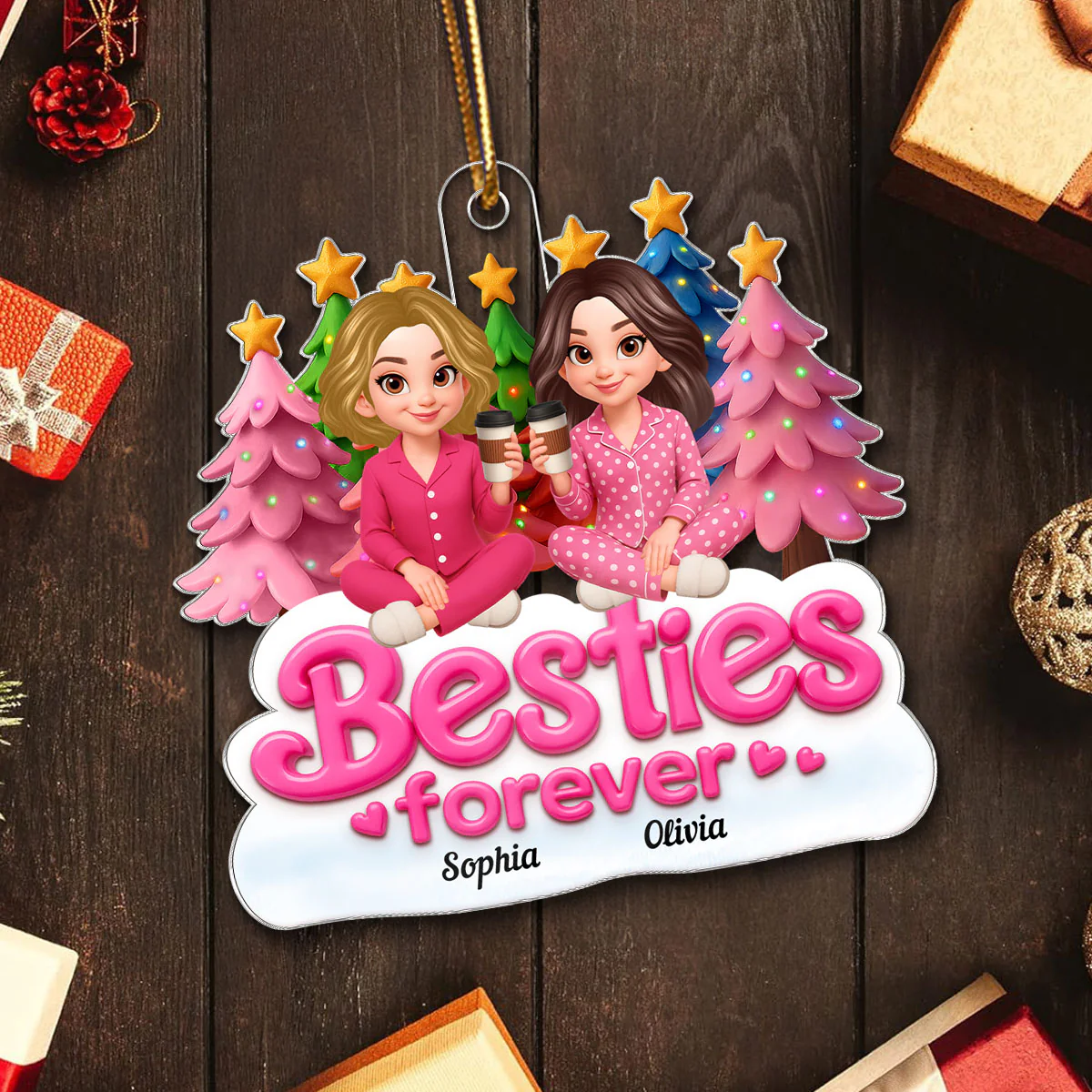 Pink Besties Forever Christmas - Personalized Acrylic Ornament - Image 5