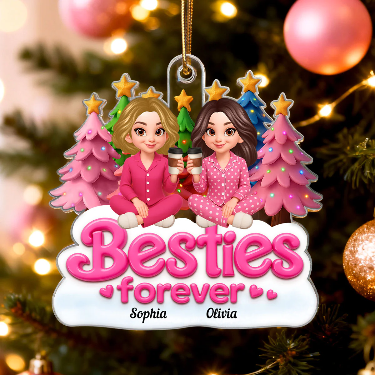Pink Besties Forever Christmas - Personalized Acrylic Ornament - Image 7