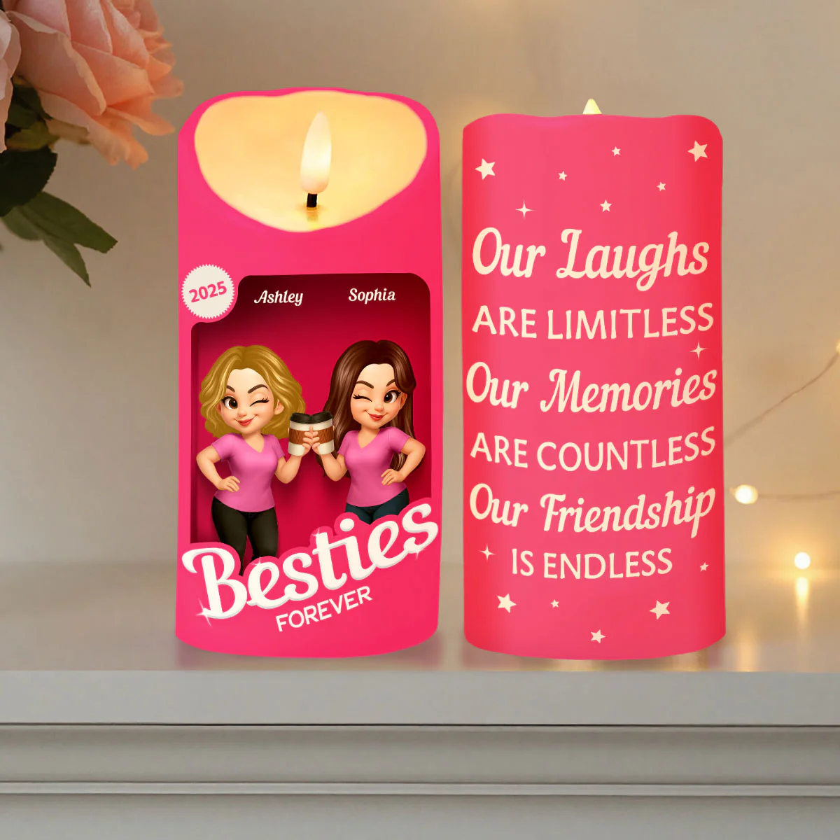 Pink Besties Our Friendship Is Endless Christmas Personalized LED Candle - Image 11