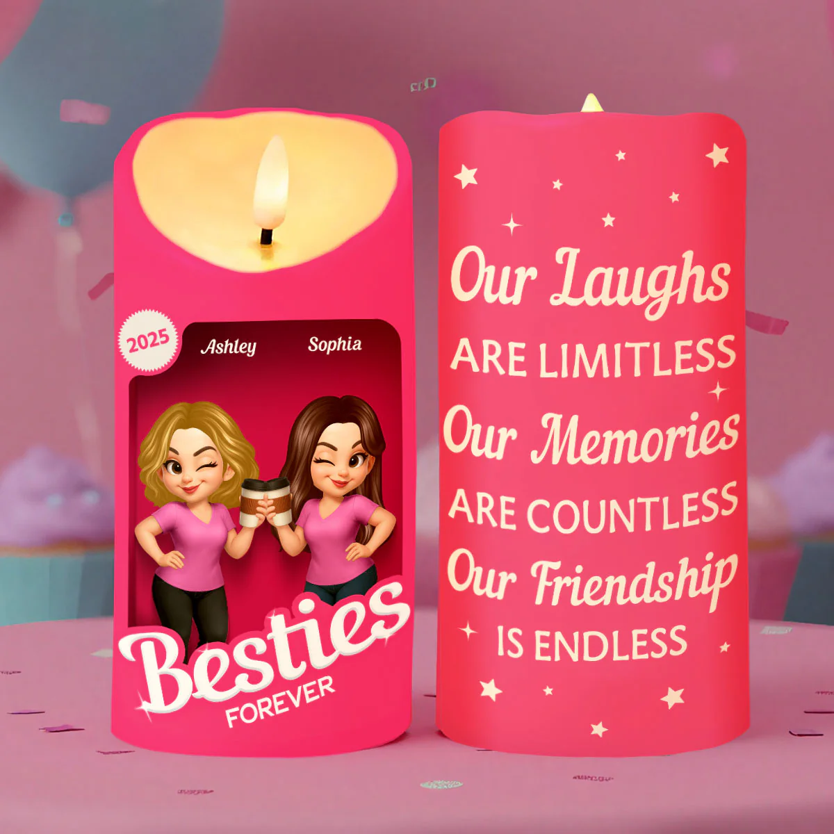 Pink Besties Our Friendship Is Endless Christmas Personalized LED Candle - Image 12