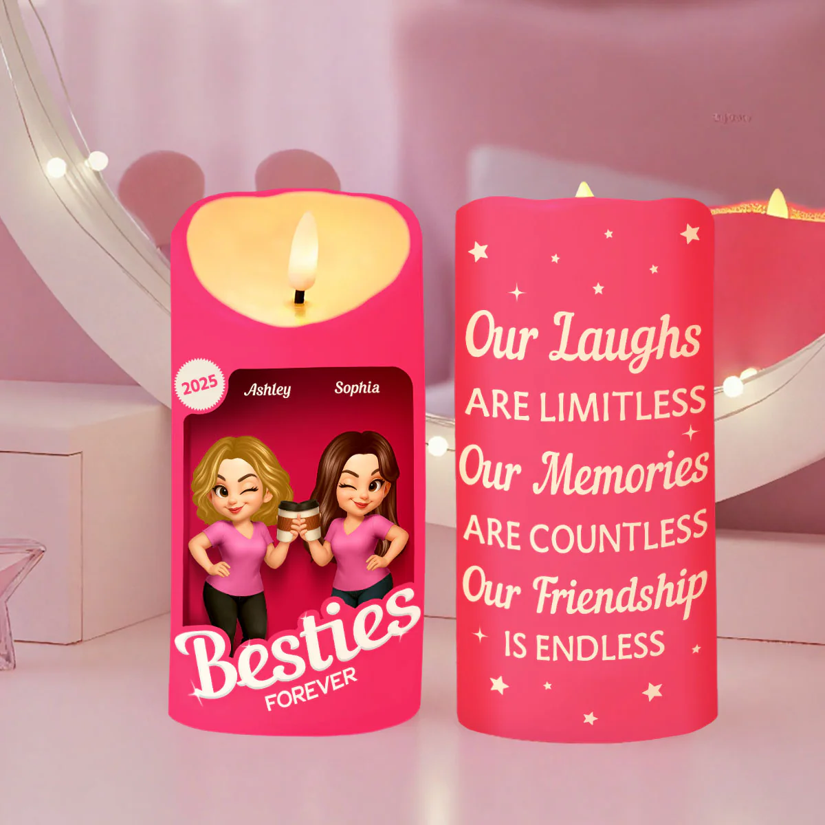 Pink Besties Our Friendship Is Endless Christmas Personalized LED Candle - Image 13