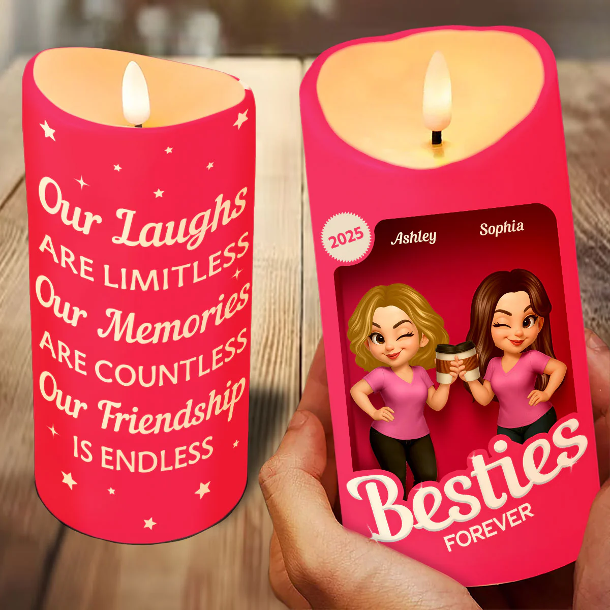 Pink Besties Our Friendship Is Endless Christmas Personalized LED Candle - Image 3