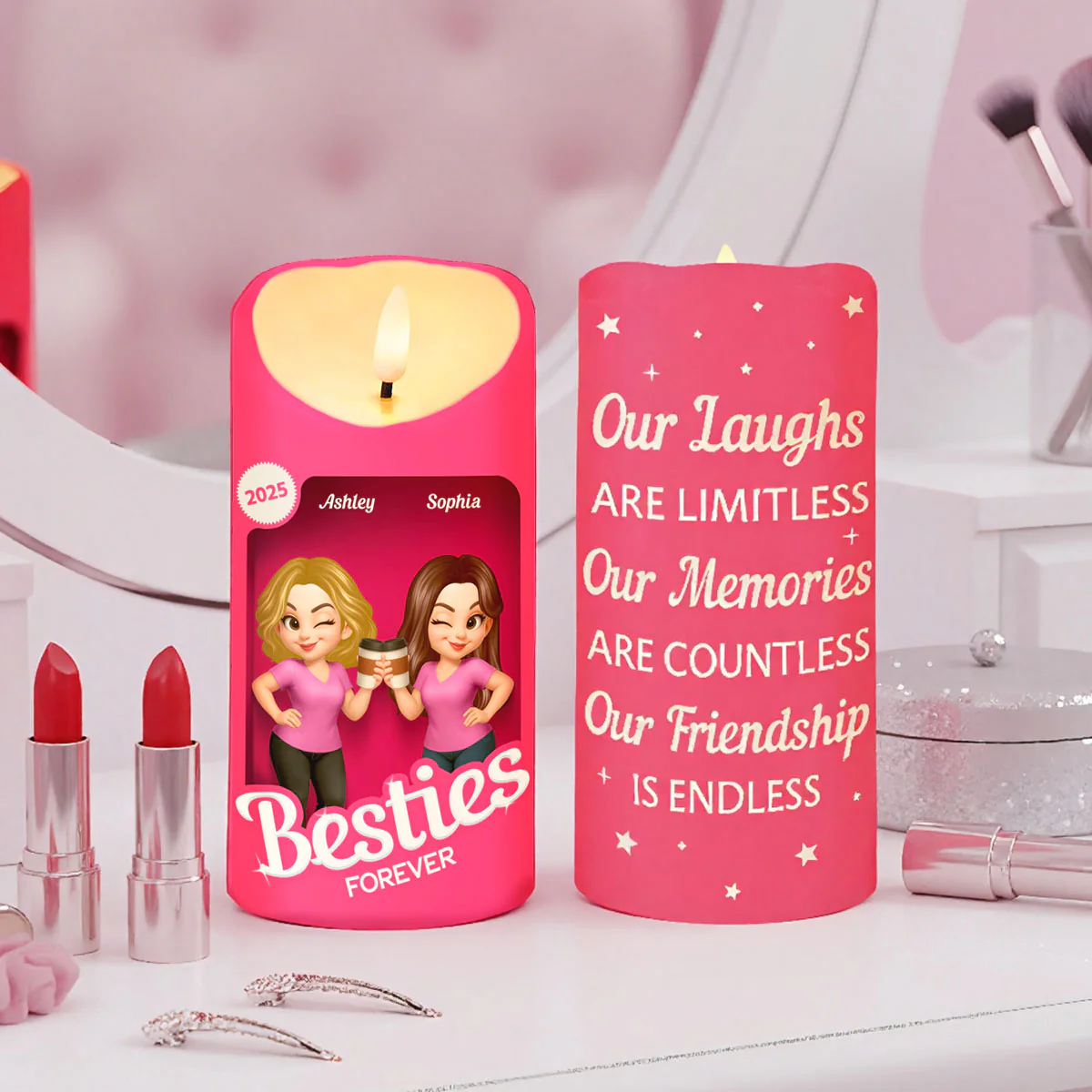 Pink Besties Our Friendship Is Endless Christmas Personalized LED Candle - Image 4