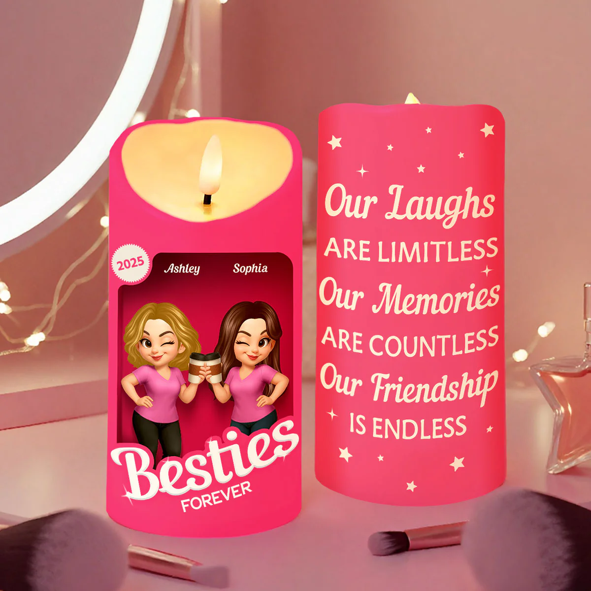Pink Besties Our Friendship Is Endless Christmas Personalized LED Candle - Image 5