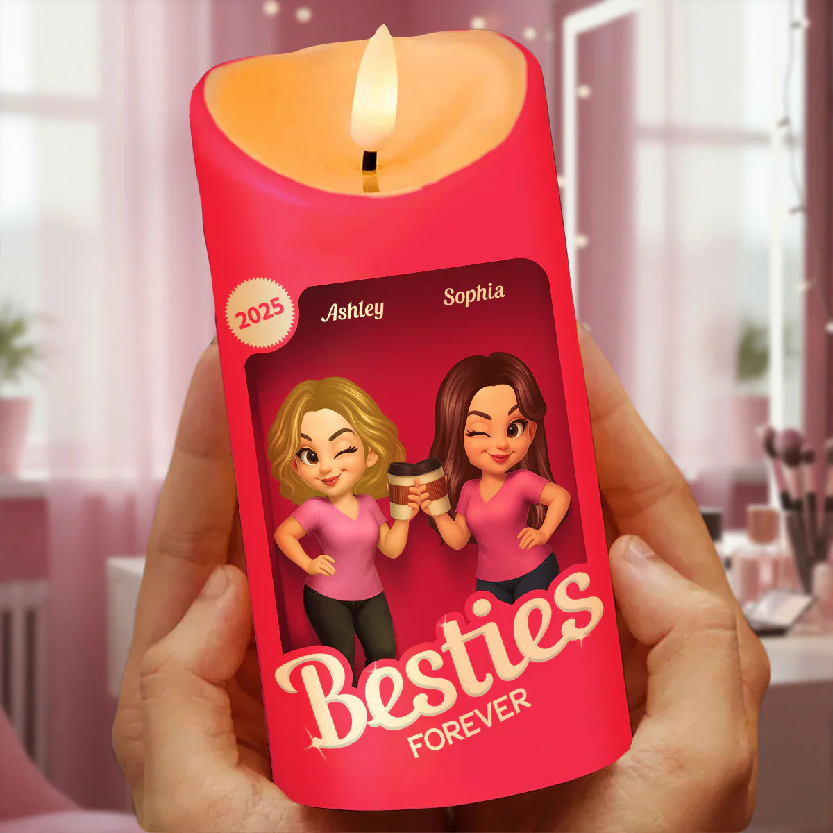 Pink Besties Our Friendship Is Endless Christmas Personalized LED Candle - Image 6