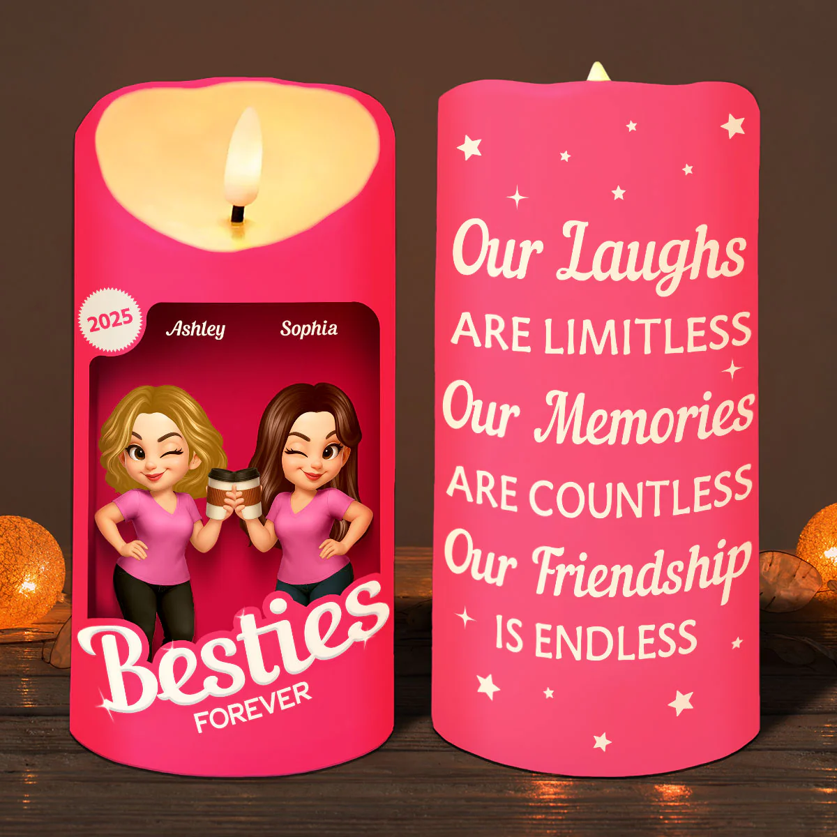 Pink Besties Our Friendship Is Endless Christmas Personalized LED Candle - Image 7