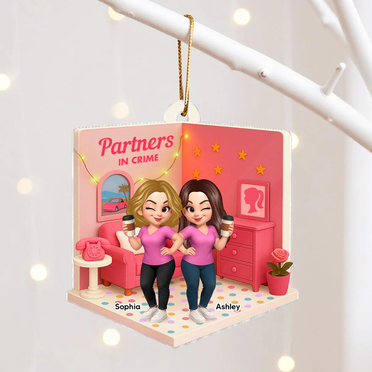 Pink Besties Sisters 3D Effect In House Personalized Acrylic Ornament - Image 2