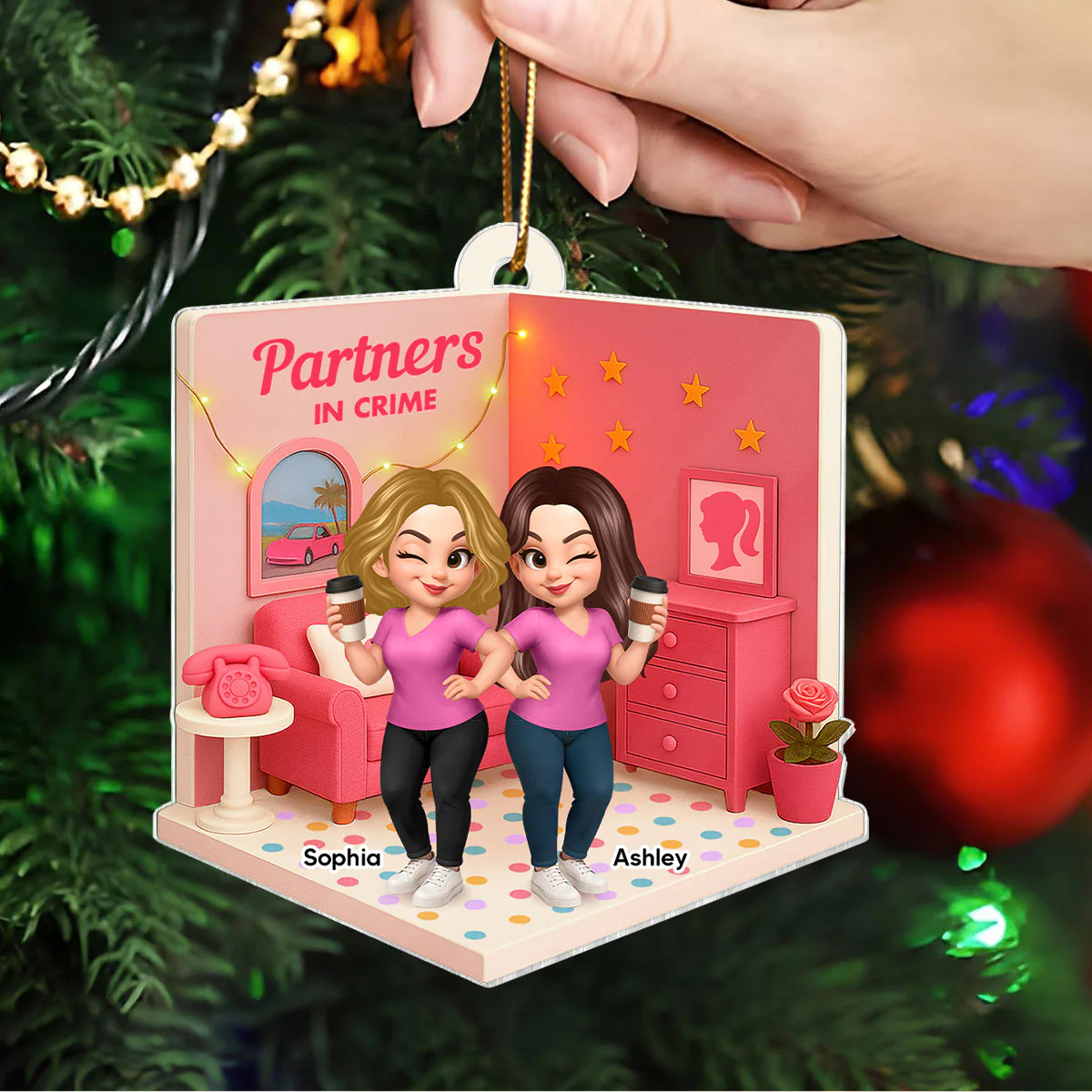 Pink Besties Sisters 3D Effect In House Personalized Acrylic Ornament - Image 3